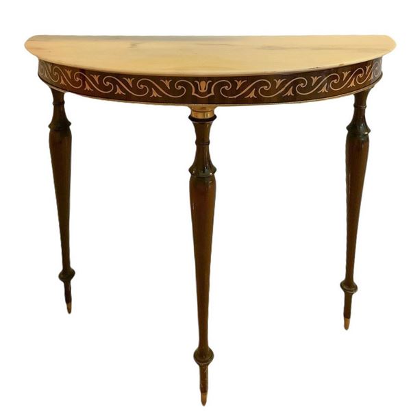 Produzione La Permanente CantÃ¹, console in legno. Anni â€™50,in forma di demilune con intarsio in legno chiaro, piano a marmo dettagli in ottone. ... 
