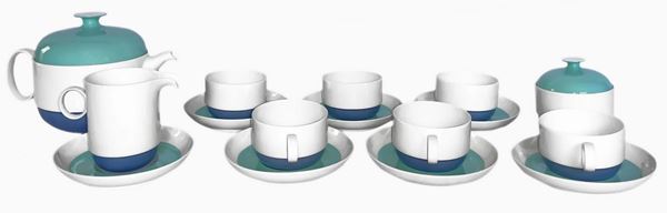 Rosenthal, Anni 60. Servizio da te per sei, in porcellana dorata nei toni del verde acqua e azzurro. Marchio della manifattura 