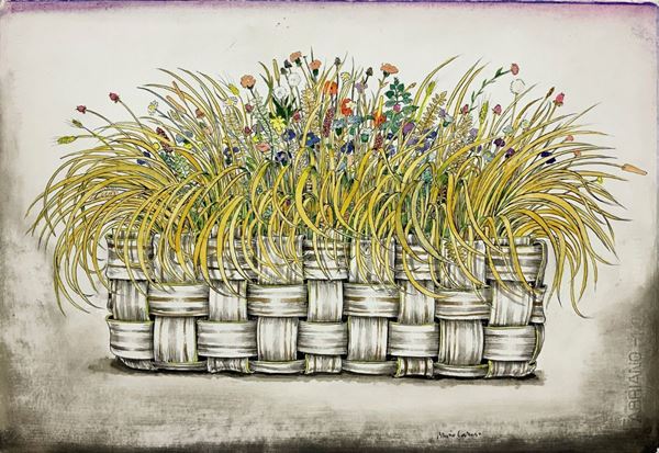 Bruno Caruso, tecnica mista su cartoncino raffigurante cesto di fiori, firmato in basso a destra. Bruno Caruso (Palermo, 8 agosto 1927 - Roma, 4 ... 