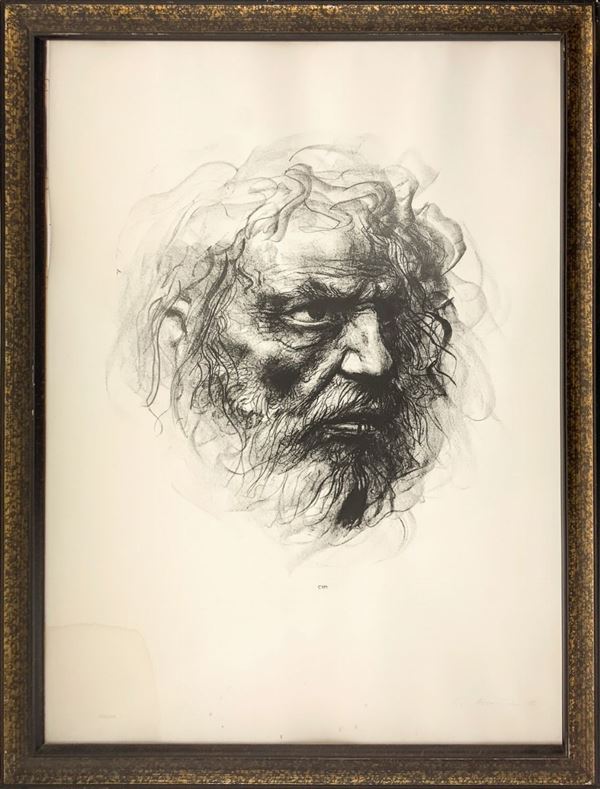 Litografia Raffigurante uomo, Pietro Annigoni., Cm 90x48
