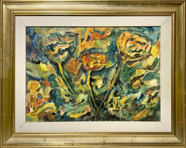 Dipinto ad olio su masonite raffigurante &rdquo Composizione floreale". Firmato in basso a sinistra Consoli. Cm 48x68, in cornice cm 63 x 93