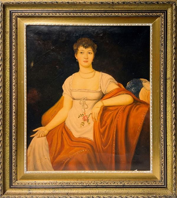 Dipinto ad olio su tela raffigurante personaggio femminile neoclassico. XX secolo,
Cm 60x50, in cornice 80 x 70