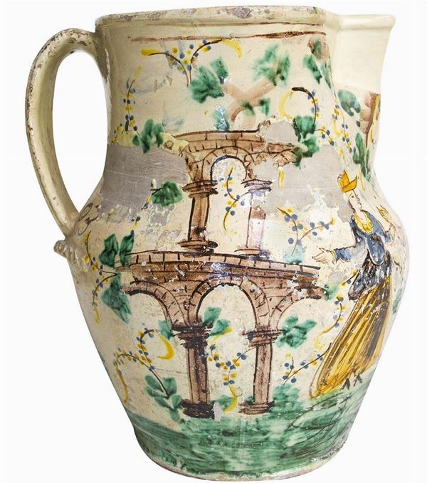 Majolica Caltagirone, Sicily. 1803. Great cannata (15 liters) with a representation of the Commedia dell'Arte. Dated. Restoration museum on the edge of the mouth. H 48 cm, 32 cm mouth piece Rare collectibles