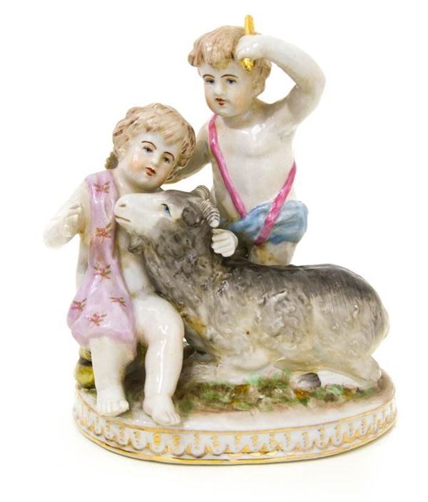 Cupids with goat in polychrome porcelain