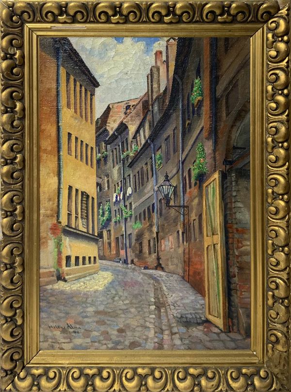 View of the street between buildings  (1908)  - Oil painting on canvas - Auction Asta Eclettica - Casa d'aste La Rosa