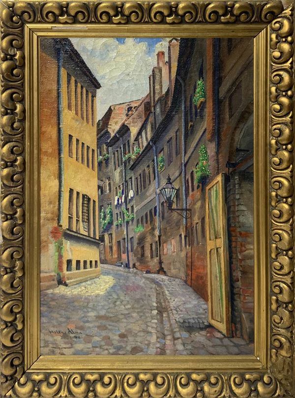 Glimpse of a street between buildings