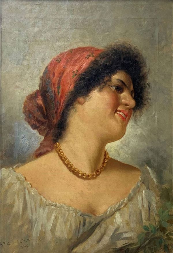 Giovane donna   (fine XIX/inizi XX secolo)  - Dipinto olio su tela - Asta Asta di dipinti, oggetti, arte orientale e mobili - Casa d'aste La Rosa