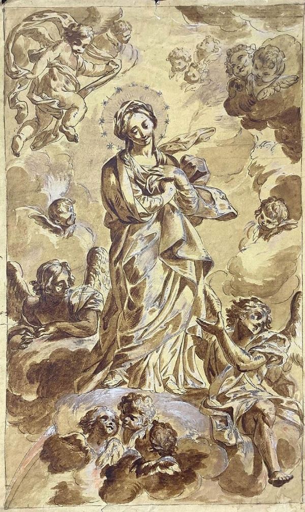 Drawing Allegedly by Guido Reni (Bologna 1575- Bologna 1642) Portraying the Immaculate Conception, with angels. 305 x 498 mm