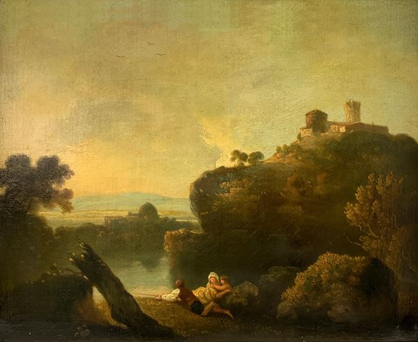 Oil paintinging on canvas depicting Tivoli, allegedly by Richard Wilson (1714-1782). Cm 44x53 in frame 53x62 cm.