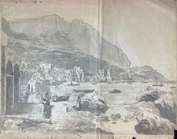 Disegno su carta raffigurante  Marina di Capri, Scuola di Posillipo XIX secolo. Ai margini presenza di buchi di mangia carta. Datata 18 giugno 83. 525 x 430 mm