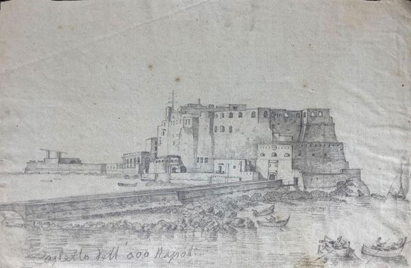 Pencil drawing on paper depicting vergellata castle dell'Ovo of Naples, Posillipo school of the nineteenth century .. 208x332 mm