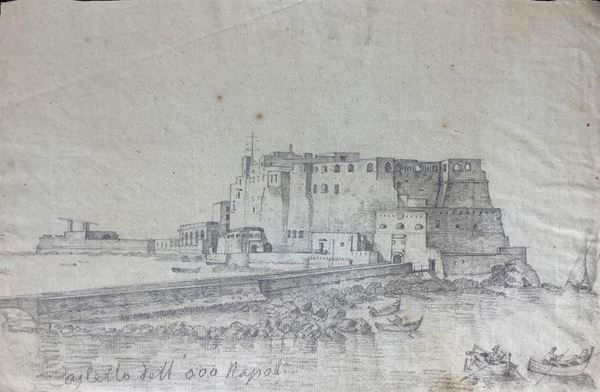 Disegno a matita su carta vergellata raffigurante Castello dell’Ovo di Napoli, Scuola di  Posillipo del XIX sec. 208x332 mm