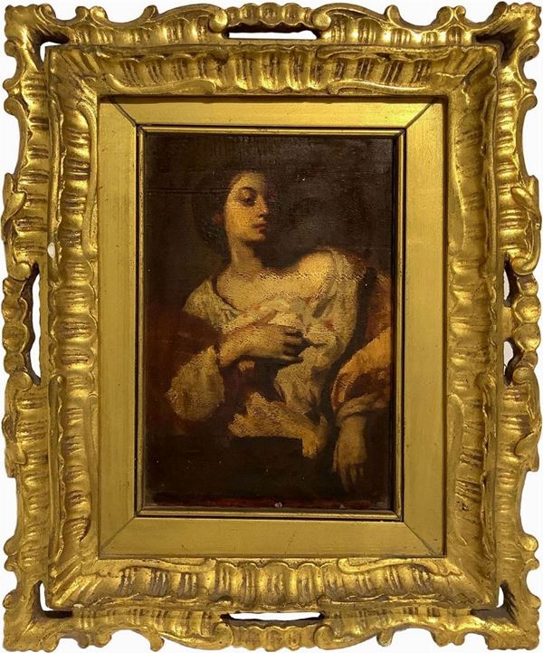 Oil painting on panel depicting St. Agatha. Pasquale Liotta Cristaldi (Acireale, Catania-1850, 1909) by Francesco Guarino (Naples, 1611-Naples, 1651). Cm 19x13,5. Measures 31x25 cm frame. Signed P. Liotta and dated 1873 on the back.