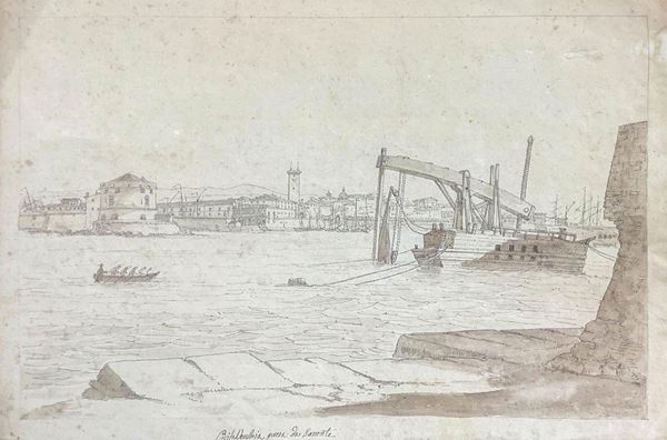 brown ink drawing on paper depicting Civitavecchia, anonymous nineteenth century. 444X296mm