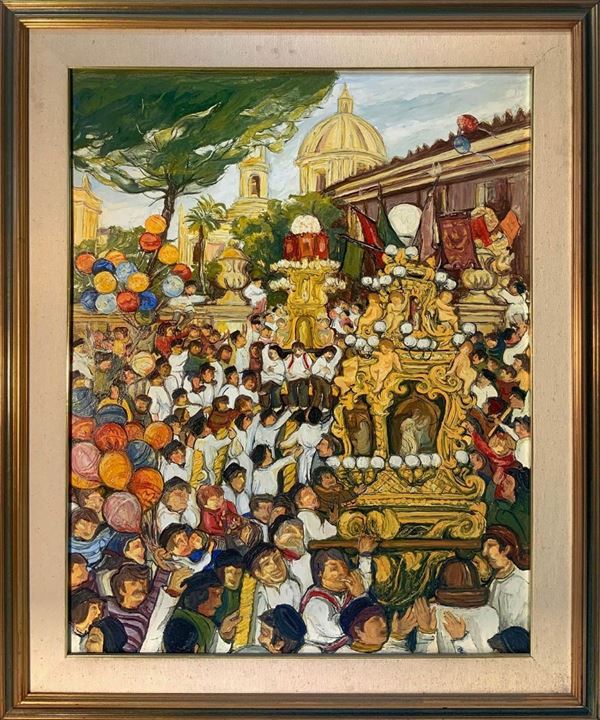 Oil painting on canvas depicting Candelore the Festa di Sant'Agata, signed Maria Grassi. Cm 95x70.

