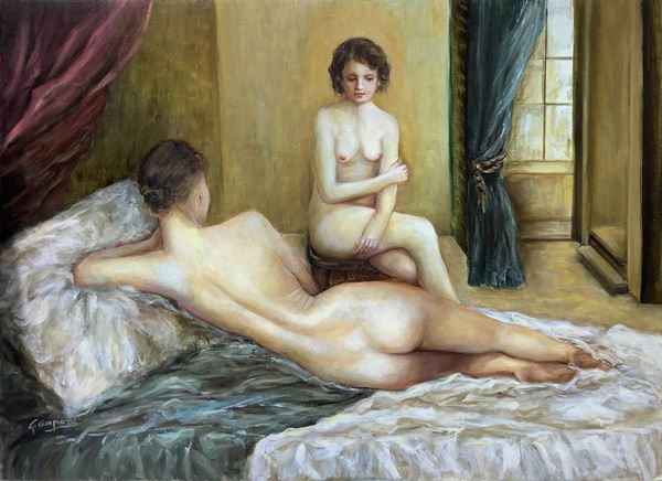 Olio su tela raffigurante coppia di donne nude. Firmato G. Campione. Cm 50,5 x 70,2
