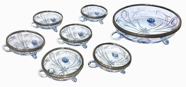 Sevizio from salad in Murano glass chiseled blue and silver border. 20th Century. Central Cup and 6 cups