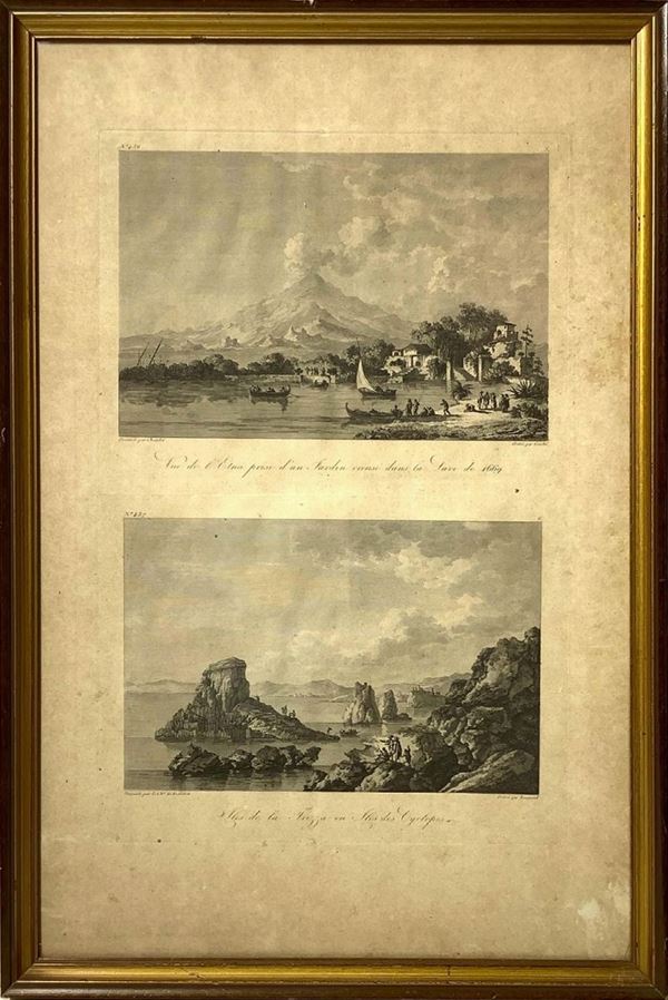 Coppia di Incisioni ad acquaforte in folio grande raffiguranti vista dell’Etna dopo l’eruzione del1669 e vista di Acitrezza con i faraglioni dei Ciclopi, tratto da Voyage pittoresque ou Description des Royaumes de Naples et de Sicile, di Jean-Claude Richard de Saint-Non, inizio XIX secolo, cm 51x32