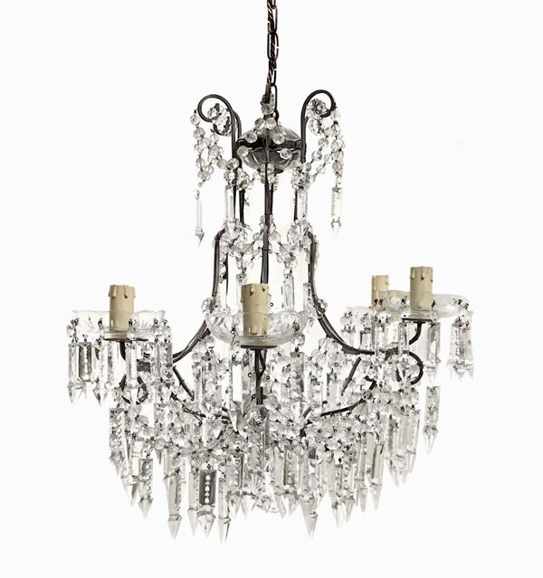 SIx lights chandelier, metal frame and pendalogues. H 55 cm x50