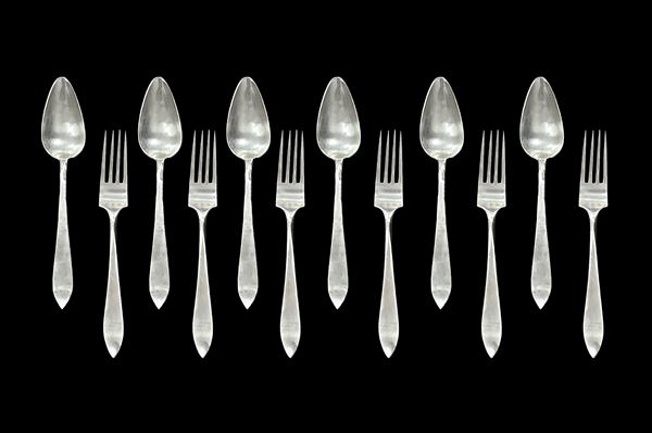 Cutlery silver compound 6 forks (600 grams) and 6 tablespoons, Avolio silversmith.

