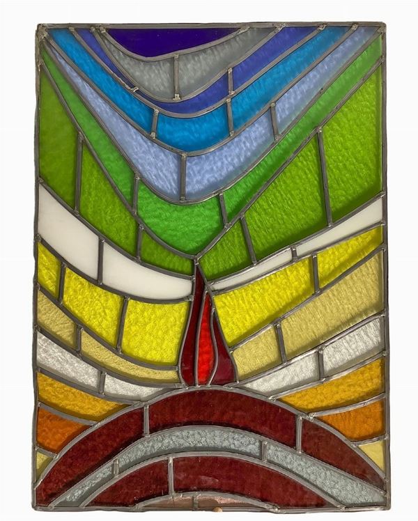 Stained glass window with leaded glass cathedral. H 91x67 cm. Domenico Girbino (Catania Bronte 1935- 2013)
