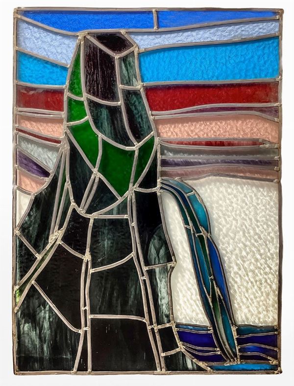 Stained glass window decorated with leaded glass cathedral. H 91x67 cm. Domenico Girbino (Catania Bronte 1935- 2013)