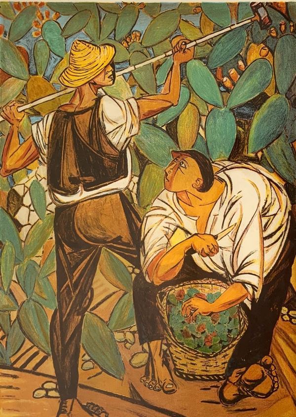 Giuseppe Migneco - Migneco (Comiso 1915 - Milan 1997), Lithograph, Try copyright depicting collector of prickly pears. 80x60 cm, in frame 88x68 cm. signed on the lower right Migneco