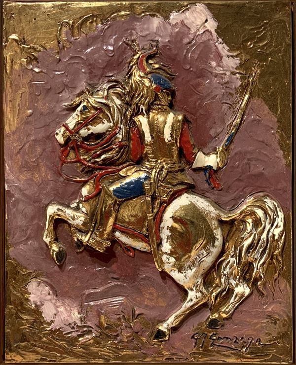 Lito ceramic bas-relief depicting cuirassier Waterloo. Signed Gianfranco Gonzaga.