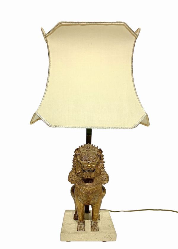 Lamp with marble base and a lion's body in bronze and fabric shade