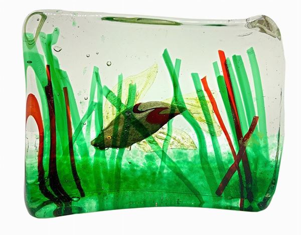 Sculpture depicting heavy glass aquarium, Murano production, manufacture of Gino Cenedese, designed Riccardo Licata, allegedly byuted. With multicolored inclusions. Years 60. H 15 cm x20
