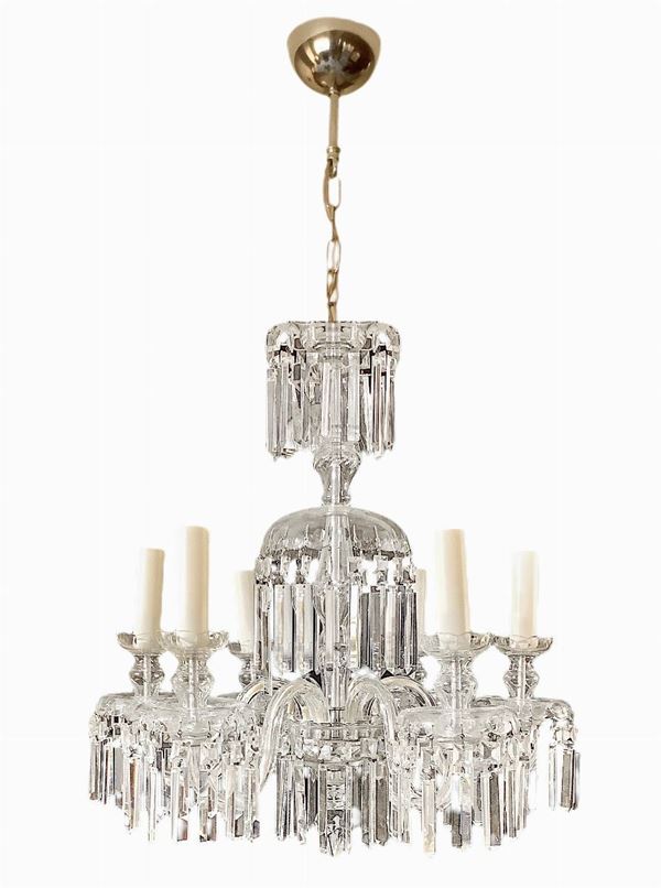 Chandelier with six lights ground glass, and chrome metal structures
