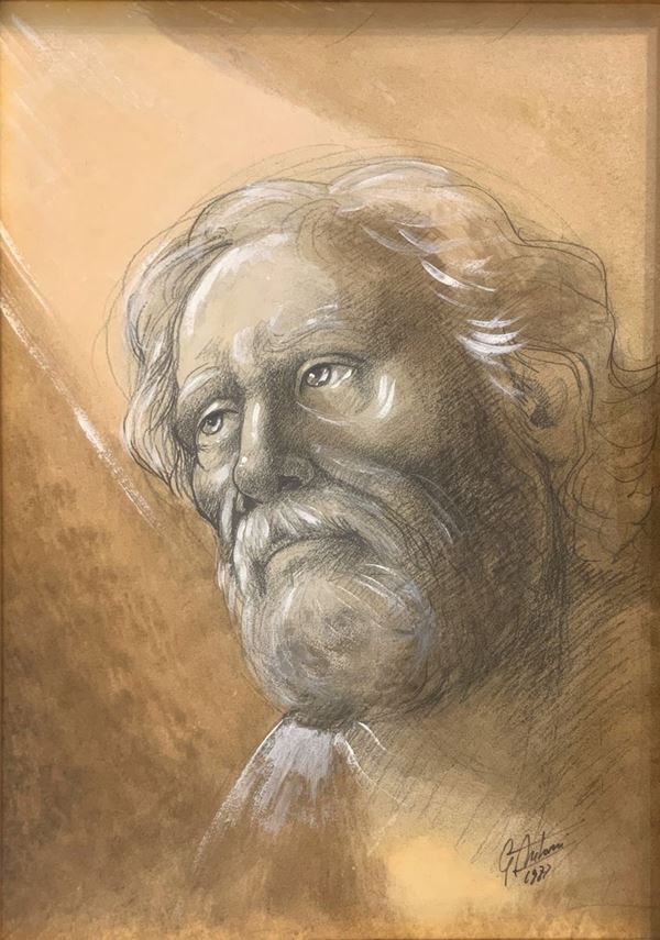 Painted with a mixed technique charcoal and white lead on paper mounted on wood depicting the man's face, signed Gianfranco Antoni. 48x34 cm, in frame 73x58
