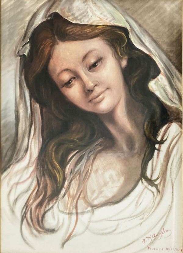 Oil painting on canvas depicting a young woman with white veil, signed on the lower right and dated A. D'Angelo 10/01/73. Signature also on the back. In ancient frame gilded gold leaf. 70x50 cm, in frame 95x75 cm