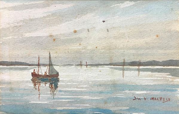 Acquarello raffigurante marina con barche, XX secolo. Cm 10x15, in cornice cm 23x28. Firmato Sac. V. Maltese.

