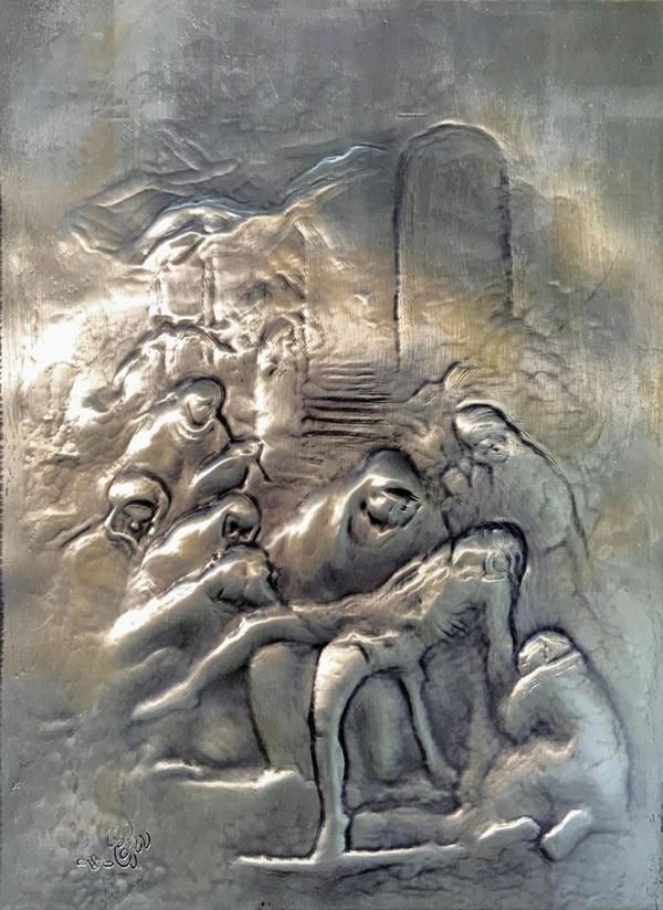 Lastra in argento raffigurante la Pietà, XX secolo. Scultore / Argentiere Enzo Sernesi. Cm 36x26