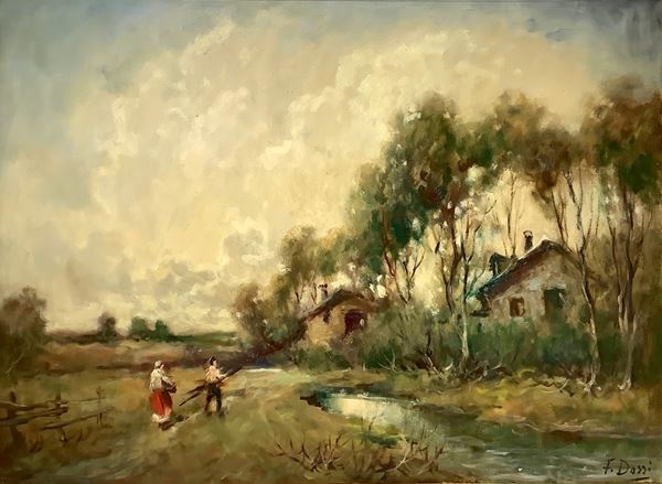 Paesaggio campestre con personaggi