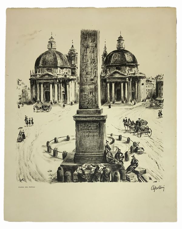 Stampa raffigurante Piazza del Popolo (Roma), firmata Apolloni (1904-1976). Mm 480x380