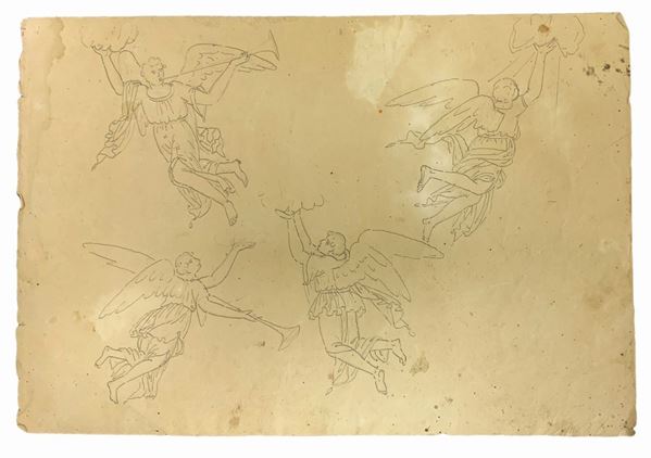 Disegno a china raffigurante quattro angeli “Trombettieri”. XIX secolo. Mm 305x205