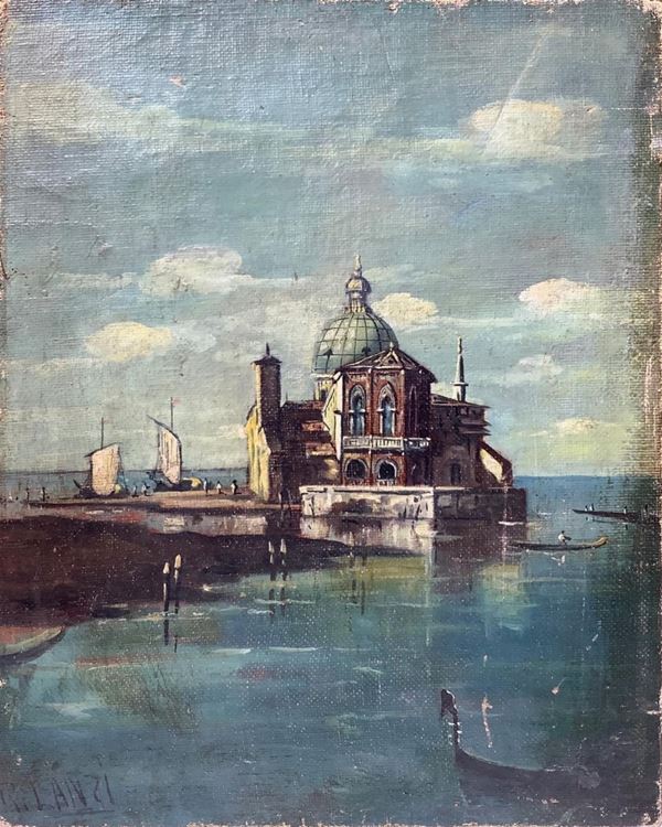 Oil painting on canvas depicting the lagoon whim with church on island, signed on the lower left R. Lanzi. Rino Lanzi. With no frame. Cm 35x25