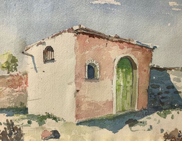 Watercolor on paper depicting Aeolian house. Lily Giachery (England 1907 - Taormina 1994). Cm 29x30,5. In frame 38,5x43 cm. Signed L. Giachery bottom left corner.