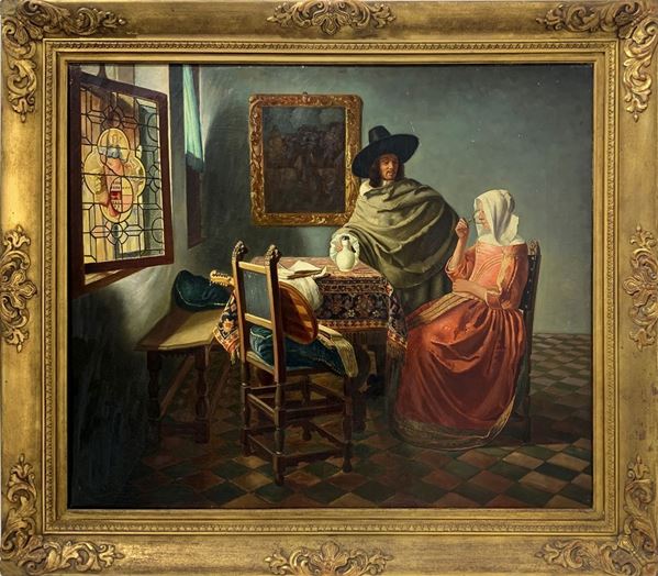 Dipinto ad olio su tela raffigurante personaggi in un interno, pittore olandese della fine del XIX secolo. Copia da Vermeer. Cm 68x78, in cornice cm 84x94