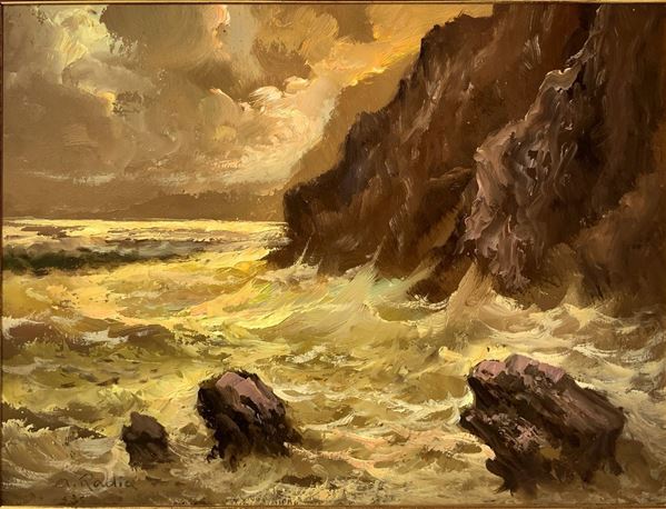 Dipinto ad olio su tavoletta raffigurante scogliera con mare agitato, firmato A. Radice. Cm 30x40