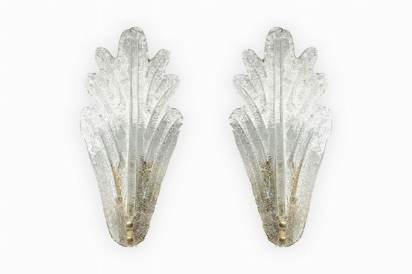 ZONCA, group of n. 2 appliques, in dew-murano glass with zapponed brass base. A light. 80s,
H 35x18 cm