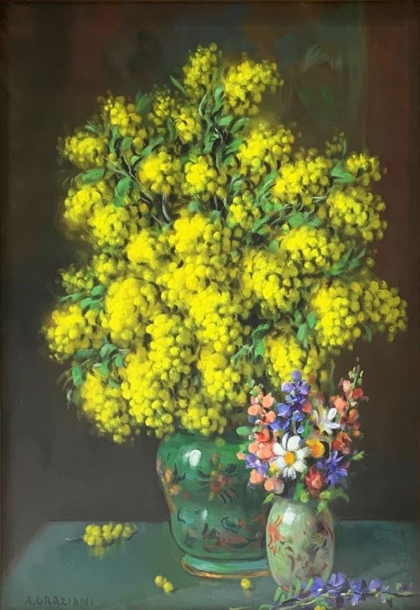 Dipinto ad olio su tela raffigurante â€œMimose con violette, firmato in basso a sinistra A. Graziani. Alfio Paolo Graziani (Roncoferraro ... 
