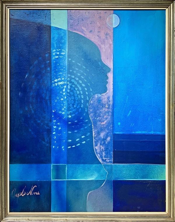 Dipinto ad olio su tela raffigurante volto di donna, Angelo Nona. Anni '70,Angelo Nona (Favara 1937-1975 Catania)
Cm 90x69