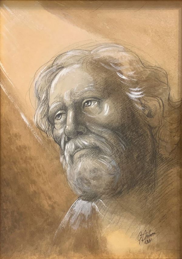 Gianfranco Antoni - Dipinto a tecnica mista carboncino e biacca su carta applicata a legno raffigurante volto di uomo. firmato Gianfranco Antoni.
Cm 48x34, in cornice 73 ... 