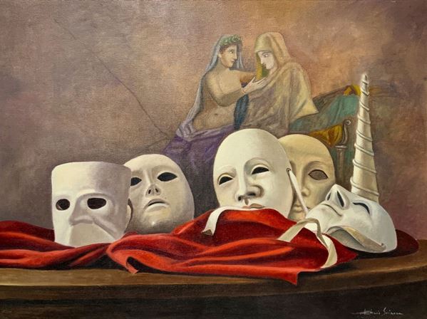 Dipinto ad olio su tela raffigurante Tissu rouge firm. Antonio Sciacca (Catania 1957). Cm 60x80, in cornice cm 80x100