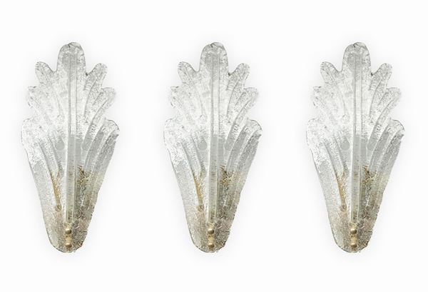 Zonca  Lighting - Zonca, group n. 3 appliques, in dew-Murano glass with brass base zapon. Single light, 80s. H 35x18 cm