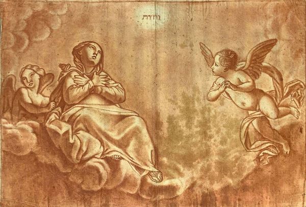 Disegno a sanguigna raffigurante particolare della disputa dei padri della chiesa, Guido Reni (Bologna 1575- Bologna 1642) attribuito. Disegno a sanguigna  su carta vergellata con filigrana trasparente, particolare della pala di altare presente al Museo Hermitage di San Pietroburgo. 425 x 294 mm 