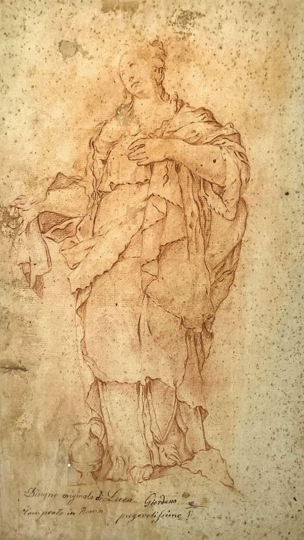 Disegno a sangigna raffigurante donna con mantello, Luca Giordano (Napoli 1634-1705) attribuito. Sanguigna su carta. Mm 415x255. In basso al centro scritta postuma: "disegno originale Luca Giordano comprato in Roma pregevolissimo".